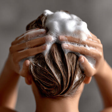 Washing hair with foamy shampoo, hands massaging scalp, clean wet hair, personal care, hygiene, refreshing, close up view