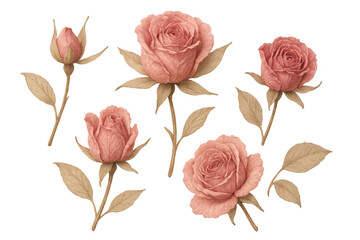 Vintage watercolor pink roses collection with blossoming flower buds and sepia leaves, transparent background