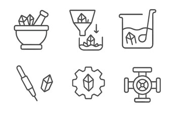 Crystal Digestion Icons. Line style icons of crystal digestion tools: mineral grinder, crystalline filter, erosion chamber, silica