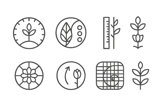 Botanical Tool Icons. Line style icons of botanical proportion tools: plant geometry dial, leaf-petal ratio ring, bloom alignment