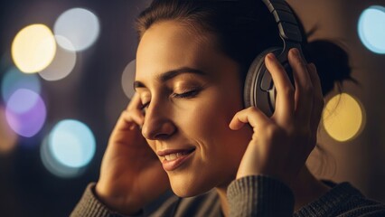 Young woman enjoys music wearing headphones, eyes closed, relaxed expression, with blurred colorful lights in the background at night, a peaceful moment.