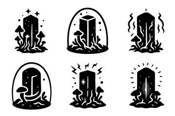 Glowing Mycelial Monolith. Solid style icons of a mycelial monolith with a force field: glowing fungal tower, energy-protected