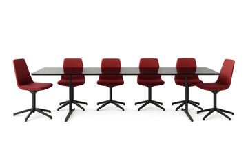 Conference room table with red chairs arranged for a business meeting, providing office furniture on transparent background