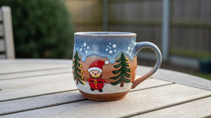 Festive ceramic mug with Santa design and Christmas trees outdoors  