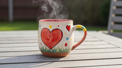 Colorful mug with heart design and steam on outdoor table  