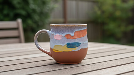 Colorful ceramic mug on wooden table in outdoor setting  