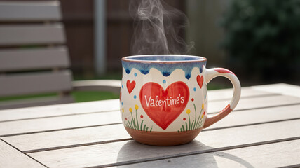 Decorative Valentine's mug with steaming hot drink on wooden table  