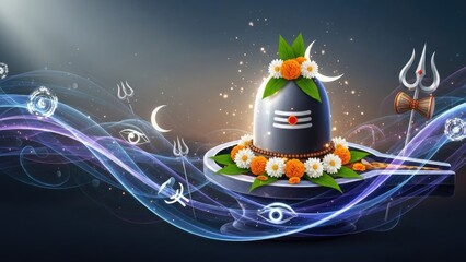 Vibrant Indian Maha Shivratri worship, sacred Lingam adorned with celestial flowers, spiritual devotion emanating divine cosmic energy, bringing profound peace and ultimate blessing.