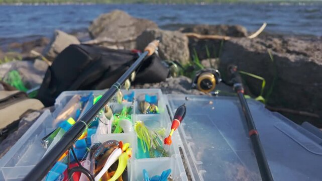 Family leisure water sports fishing. Fishing spinning and casting rods with fishing tackles on rocks near lake shore background, close up. Fishing rods lines, bobber and plastic jigs with worm lures.