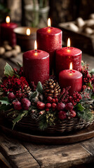 Advent wreath centerpiece, with four lit red pillar candles surrounded by pine foliage, pinecones, red flowers, and berries, on rustic wooden table.