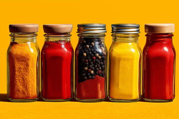 Small glass bottles filled with colorful spices and condiments, arranged in a neat row on yellow background.