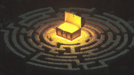 A glowing treasure chest at the end of a labyrinth, representing the reward of hard work. (1)
