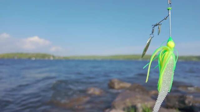 Pike or Bass fishing lure selective close up focus. Spinner bait jig with spoon and soft plastic paddle tail minnow moving at the wind against blurry lake and blue sky. Artificial Fishing bait.