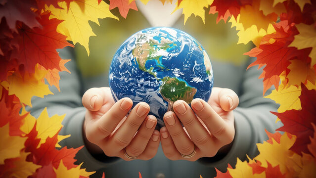 Human Hands Holding the Planet Earth Framed by Vibrant Autumn Maple Leaves, Global Environmental Care Concept high quality,4K - Powered by Adobe