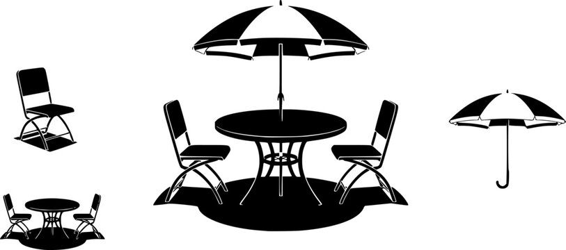 patio table with umbrella cafe chair table umbrela set set of silhouette. patio table with umbrella cafe chair table umbrela set icon set vector on white background