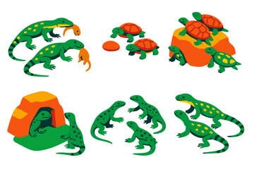 Fototapeta premium Reptile Social Learning. Isometric vector illustration set Social learning in reptiles: juvenile monitor lizards copying hunting