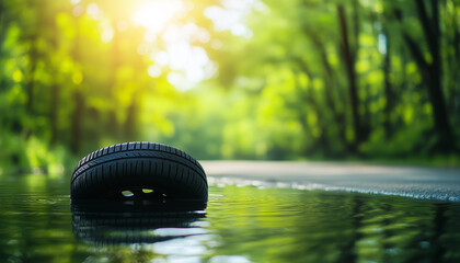 Tire floating on water in a lush green forest with sunlight filtering through trees.