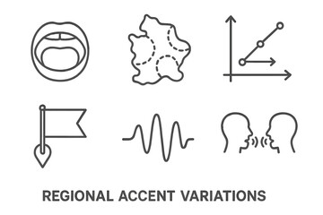 Regional Accent Iconography. Line style icons of Regional Accent Variations: mouth shape diagram, map with accent zones, vowel