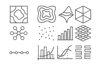 Data Visualization Icons. Line style icons of data visualization: density map, contour lines, 3D surface, volumetric cube; atomic