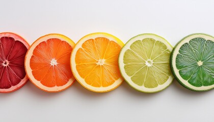 colorful citrus slices arranged in a horizontal row on a white background