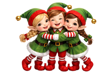 Cute Christmas elves hugging together. Holiday illustrations. Christmas designs. Winter projects.