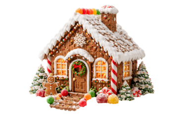 Decorated gingerbread house. Christmas sweets. Holiday visuals. Winter projects.