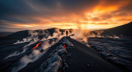 A lone person embarks on a discovery, standing atop a volatile volcanic ridge, witnessing molten lava flowing across dark terrain, fiery sky glowing.