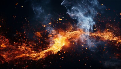 glowing embers and smoke particles swirl against a dark background