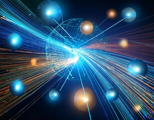 glowing fiber optic strands and spheres on a dark background