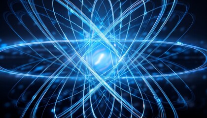 Obraz premium intersecting blue light trails forming an atomic structure against a dark background
