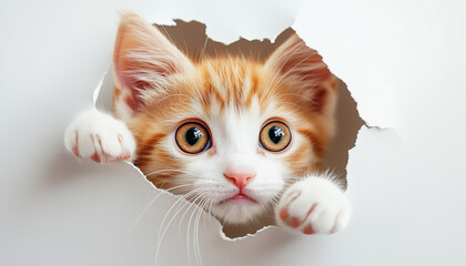 Curious ginger cat with wide eyes poking through a torn white paper hole.