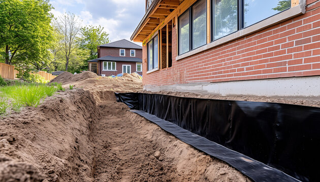 House exterior with foundation excavation and waterproof membrane applied to foundation wall, illustrating exterior basement