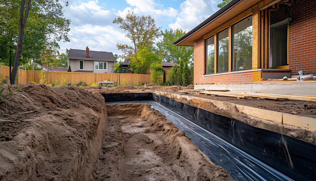 House exterior with foundation excavation and waterproof membrane applied to foundation wall, illustrating exterior basement