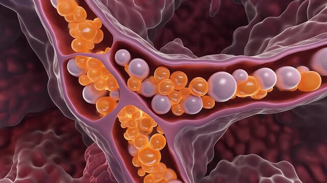 Microscopic view of blood vessels showing blockages and particles, illustrating a medical condition.