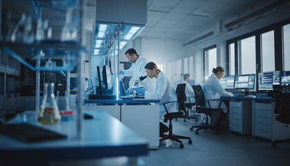 Professional scientists conducting medical research in a modern laboratory. This hightech biotech environment features advanced equipment, perfect for healthcare and innovation concepts.