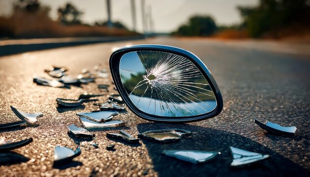 broken side mirror scattered on asphalt reflecting a fractured scene
