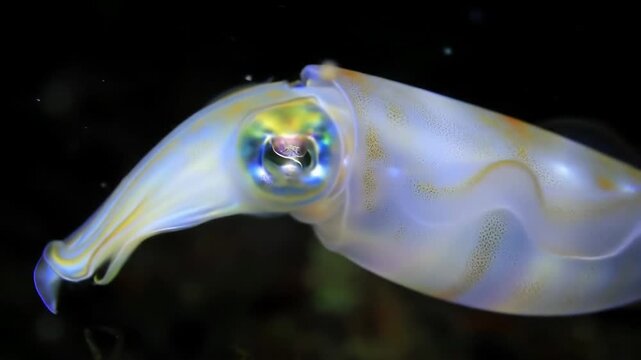 Glowing squid close-up in ocean, iridescent eye focus, dark background, used for marine biology articles