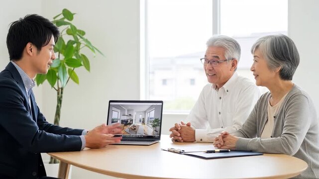 シニア夫婦と不動産営業マンの打ち合わせ