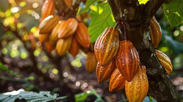 The scene shows cacao pods hanging from tree branches in a tropical farm. The sunlight creates a warm glow, highlighting the bright orange and yellow colors of the pods in the afternoon