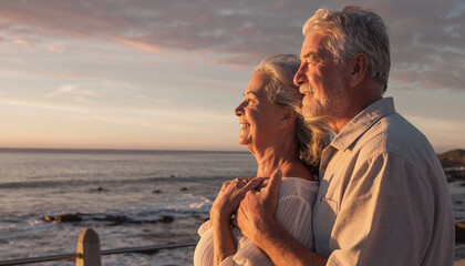 Capture enduring love with this happy senior couple embracing at the coast during a warm sunset. A serene scene of togetherness and retirement joy, perfect for lifestyle and wellness.