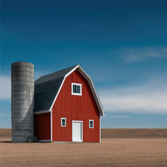 Obraz premium Red barn white trim blue sky rural landscape farm building silo countryside agriculture peaceful open field