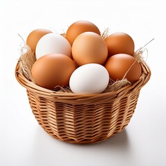 A group of fresh raw brown chicken eggs sits inside a natural wicker basket, providing a healthy organic breakfast ingredient isolated on a white background