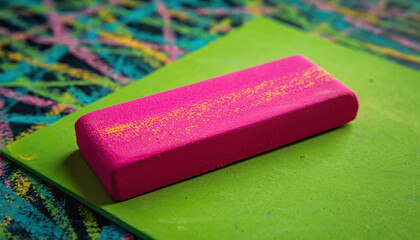 Vibrant pink eraser on a green surface symbolizes fresh starts and creative correction. Against colorful chalk art, its ideal for education, design, editing, and artistic school concepts.