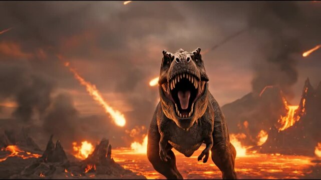 Front view of roaring tyrannosaurus rex with falling meteors