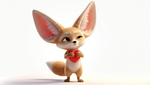 Adorable 3D Fennec Fox Character Holding a Red Heart with Big Ears