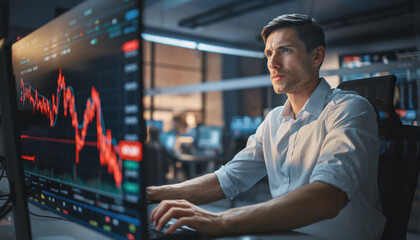 Focused male professional analyzes a declining red stock market graph in a modern office. This cinematic image captures the intensity of a financial crisis and economic risk management.
