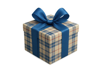 Obraz premium Gift box wrapped in blue and beige tartan plaid pattern with a blue ribbon bow, offering presents for celebration on transparent background