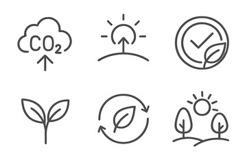 Fototapeta premium Climate-Positive Icons. Line vector icons of climate-positive visuals: CO₂ offset icon, atmospheric uplift, positive climate badge