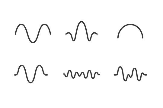 Harmonic Wave Patterns. Line vector icons of harmonic oscillation pattern: smooth wave, symmetric crest, periodic arc, balanced