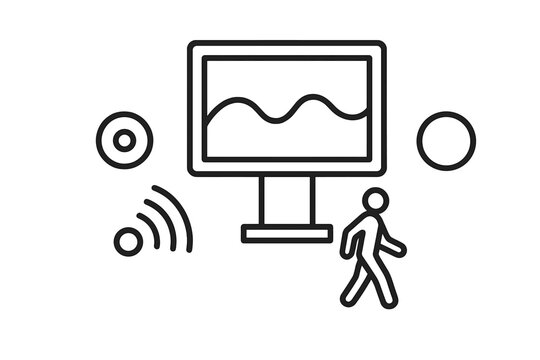 Responsive Street Ad Icons. Line vector icons of responsive street ad panel: billboard contour, proximity sensor dot, reaction arc